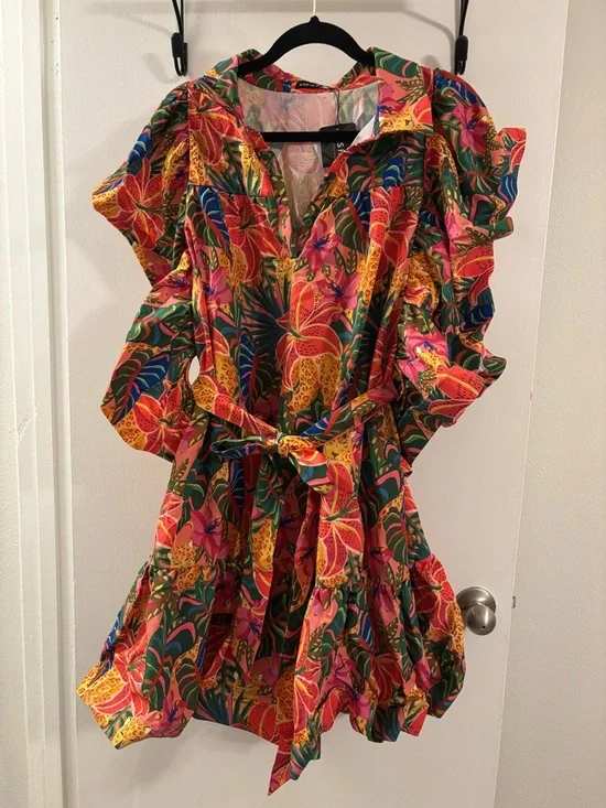 SHEIN CURVE Tropical Floral Belted Ruffle Mini Dress - Vibrant Multi - Picture 6 of 6